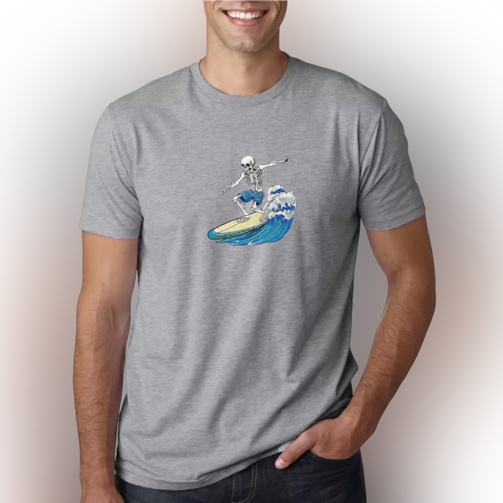 Embroidered Skeleton Surfer T-Shirt | Retro Surfing Graphic Tee